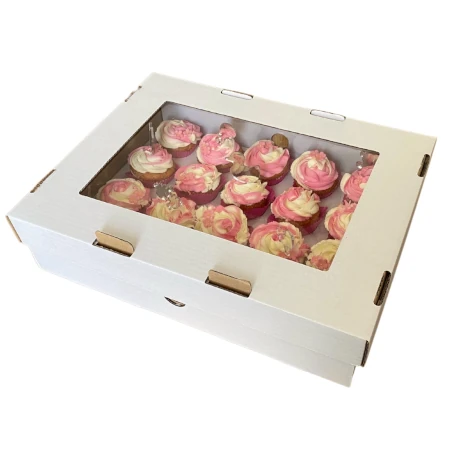 Pudełko na muffiny z okienkiem 43x32x10 cm z wkładem na 20 muffin białe