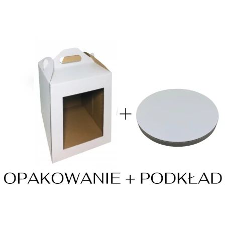 Zestaw opakowanie na tort 26x26x32 z okienkiem + podkład styrodurowy 26 cm