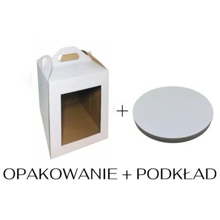 Zestaw opakowanie na tort 28x28x32 z okienkiem + podkład styrodurowy 28 cm
