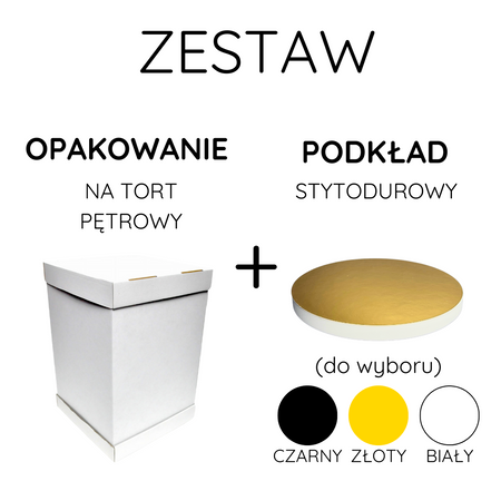 Zestaw opakowanie na tort 26x26x40/30 cm  + podkład styrodurowy 26 cm 