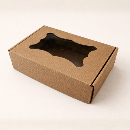 Pudełko na ciastka z okienkiem 20x15x5 cm brązowe z prążkowanej tektury