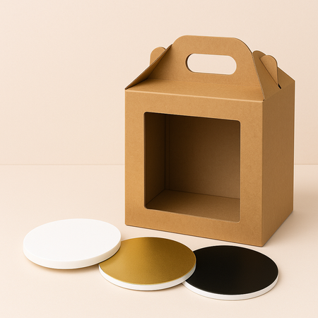 Zestaw opakowanie na tort 30x30x32 z okienkiem kraft + podkład styrodurowy 30 cm