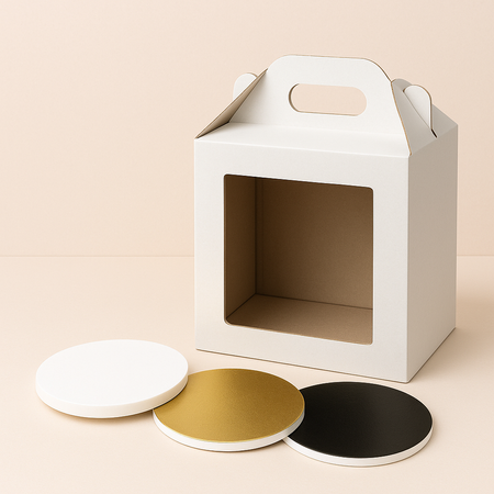 Zestaw opakowanie na tort 30x30x32 z okienkiem + podkład styrodurowy 30 cm