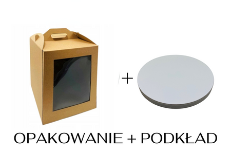 Zestaw opakowanie na tort 28x28x32 z okienkiem kraft + podkład styrodurowy 28 cm
