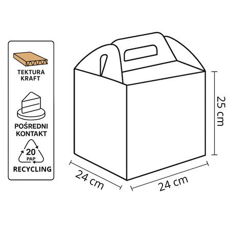 Pudełko na tort z rączką 24x24x25 cm brązowe kraft
