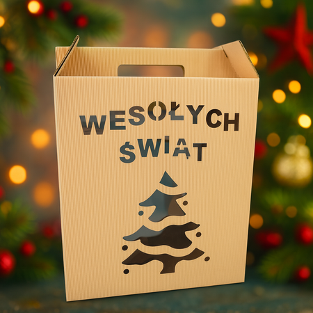 Opakowanie prezentowe kuferek 27x15x32 cm Eco prążkowane z napisem wesołych świąt i choinką
