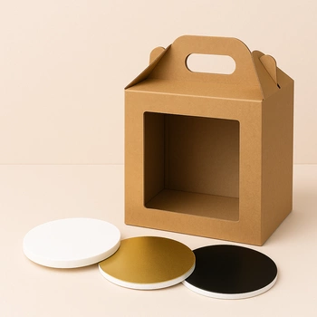 Zestaw opakowanie na tort 28x28x32 z okienkiem kraft + podkład styrodurowy 28 cm
