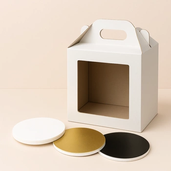 Zestaw opakowanie na tort 26x26x32 z okienkiem + podkład styrodurowy 26 cm