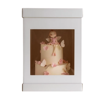 Pudełko na tort piętrowy z okienkiem 31x31x45 cm białe z  instrukcją obsługi tortu
