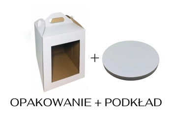 Zestaw opakowanie na tort 26x26x32 z okienkiem + podkład styrodurowy 26 cm