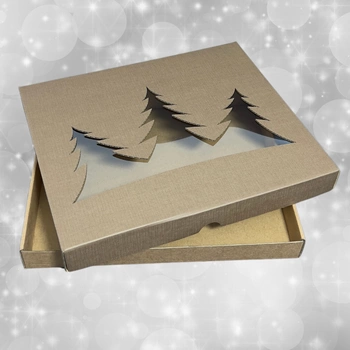 Pudełko świąteczne na ciastka, pierniki z choinkami i okienkiem kaszerowane 27,5x24x3,2 cm brązowe